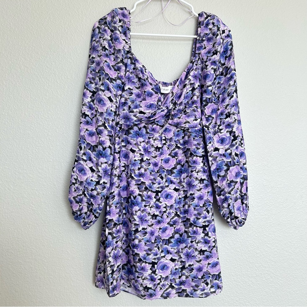 NWT Floret Studios Purple Charcoal Floral Print‎ Mini Dress Size Small